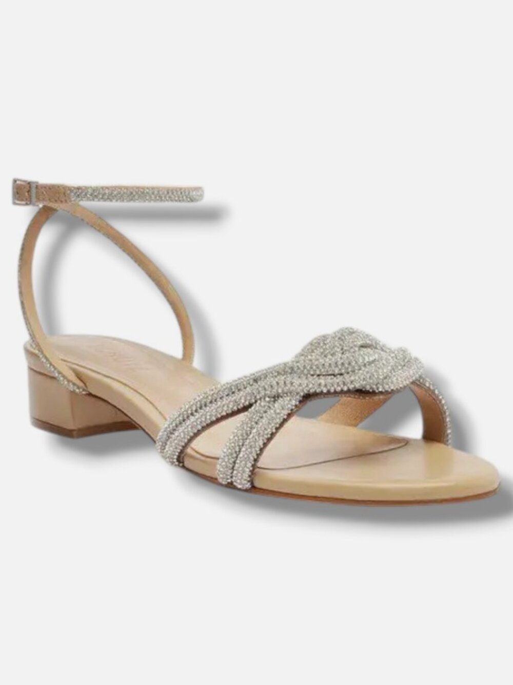 Schutz Women Beige Silver Jocelyn Rhinestone Block Leather Sandal Shoes Size 8B